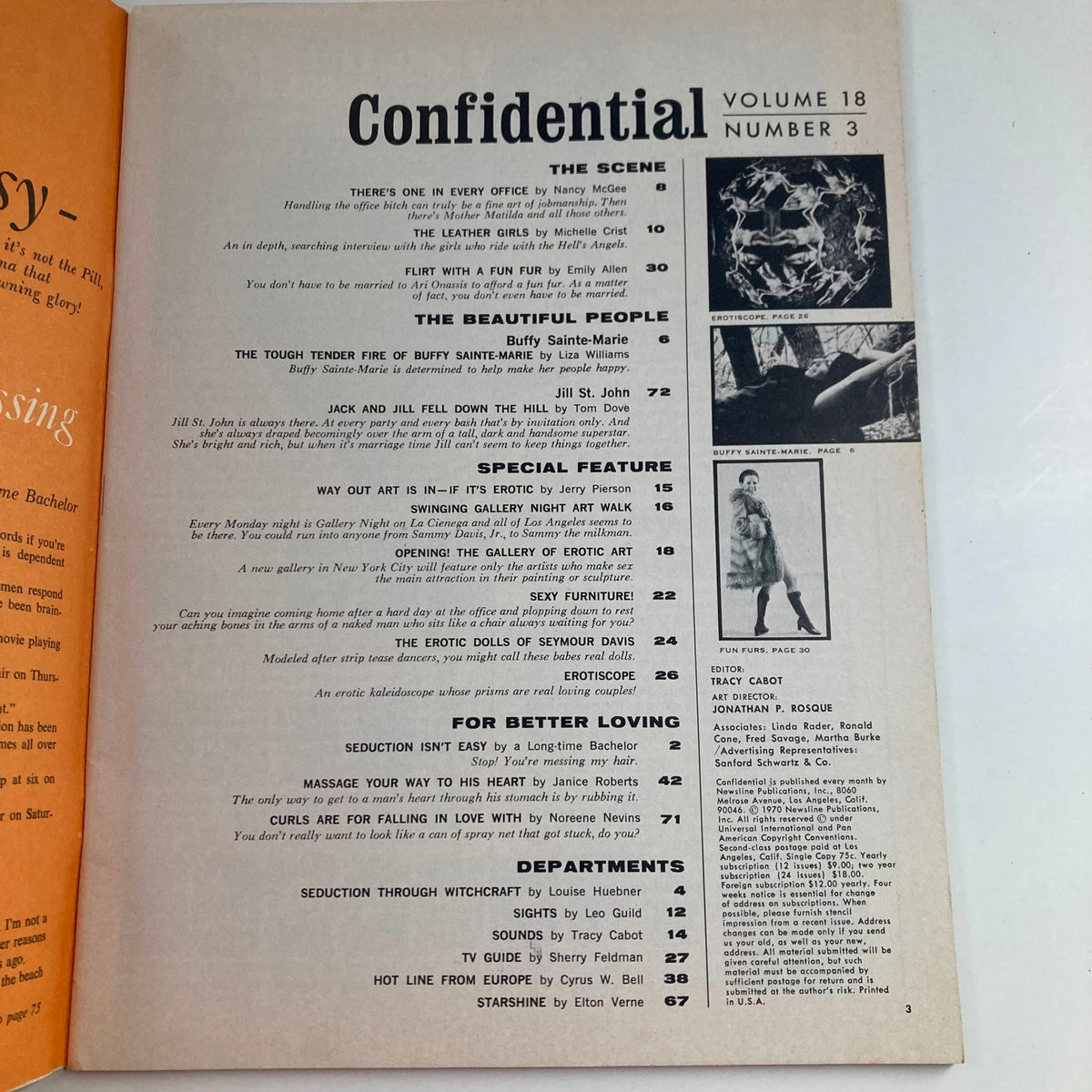 Contents page of Confidential Magazine March 1970 Vol 18 No. 3, highlighting articles and features including Jill St. John and Buffy Sainte-Marie.