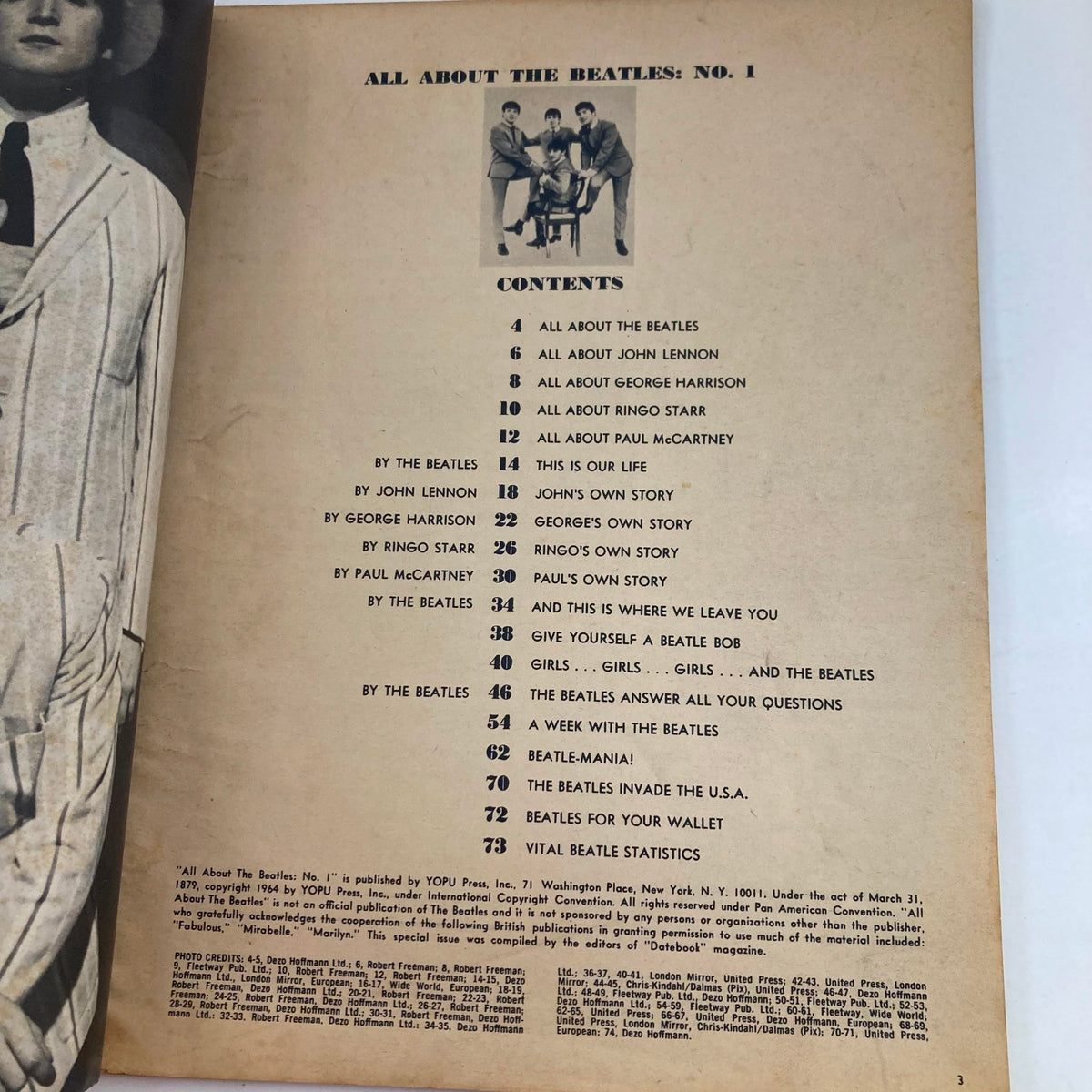 Interior page of VTG All About The Beatles Magazine 1964 No. 1 featuring the table of contents and a black and white photograph of The Beatles.