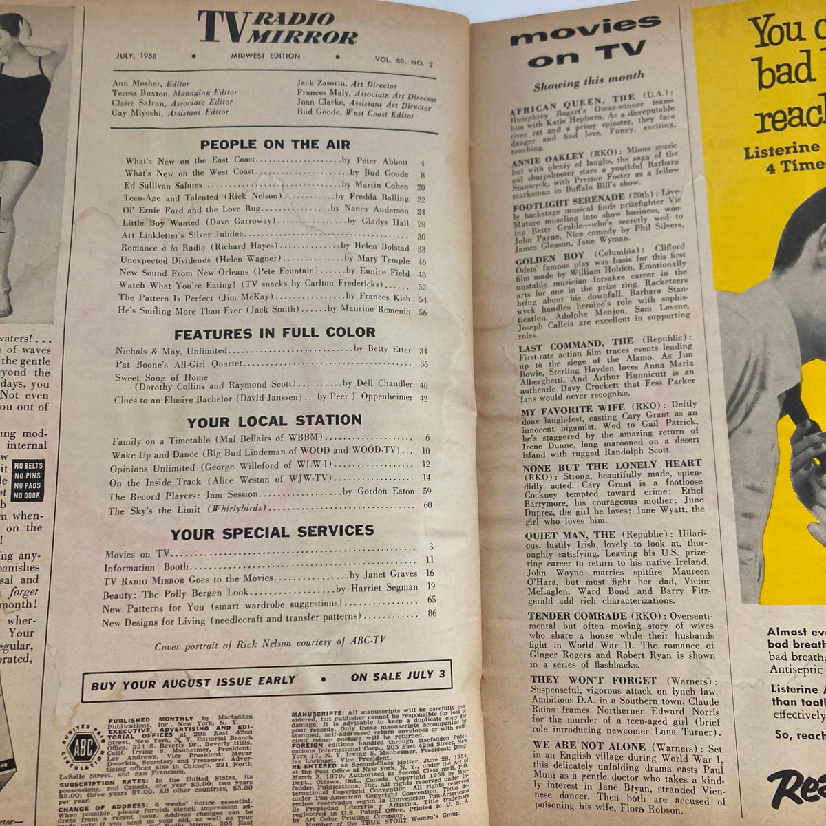 Inside page of TV Radio Mirror Magazine, July 1958, showcasing articles and listings about shows, movies, and features in classic television, with a focus on the entertainment culture of the time.