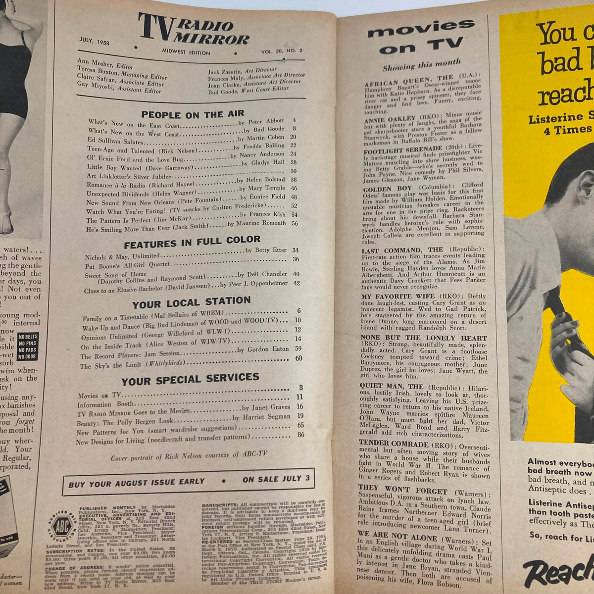 Inside pages of TV Radio Mirror Magazine July 1958 Vol 50 No. 2 showcasing articles and features about popular TV shows and celebrities of the era.