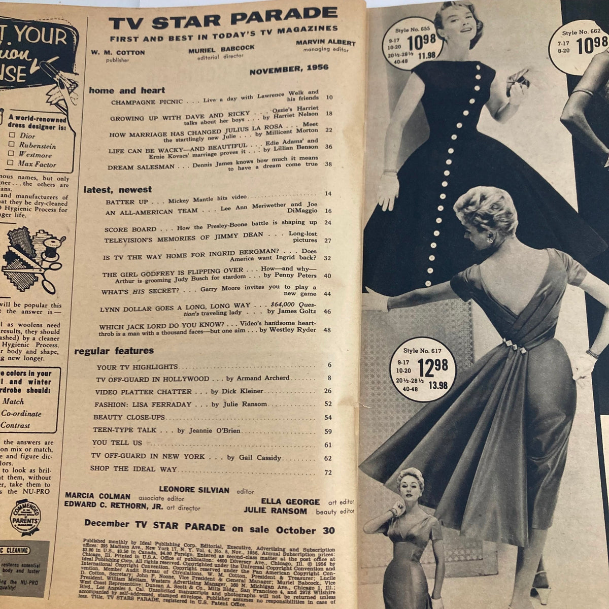 Interior page of VTG TV Star Parade Magazine November 1956 displaying articles and features related to 1950s television, including listings and advertisements.