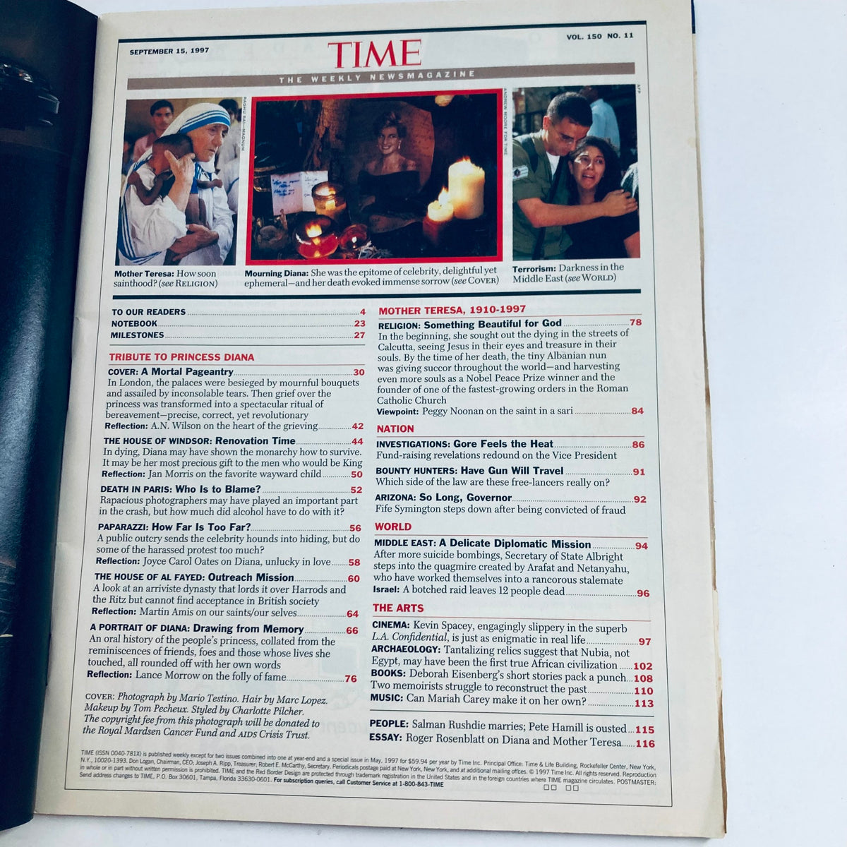 Inside page of Time Magazine September 15, 1997, Vol 150 No. 11 highlighting articles about Princess Diana and Mother Teresa.