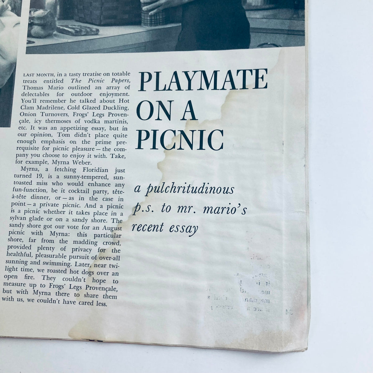 Inside page of the VTG Playboy Magazine August 1958, showcasing an article titled 'Playmate on a Picnic' featuring Myrna Weber.