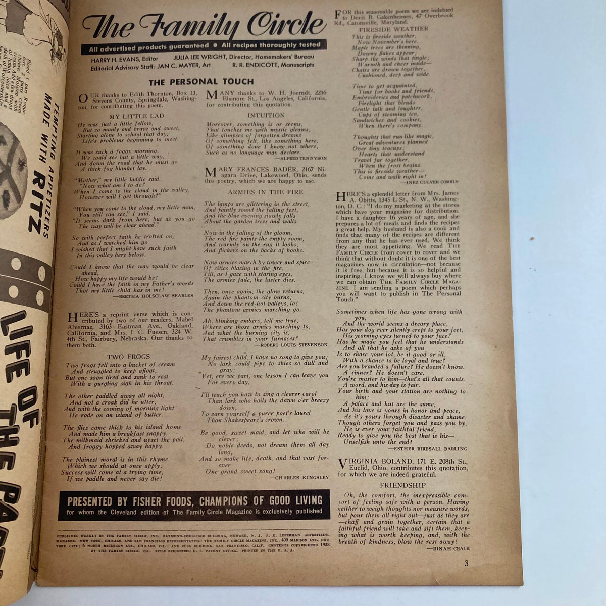 Interior page of the VTG The Family Circle Magazine from November 25, 1938, showcasing articles and features from that era, including poetry and personal notes, providing a glimpse into late 1930s American culture.