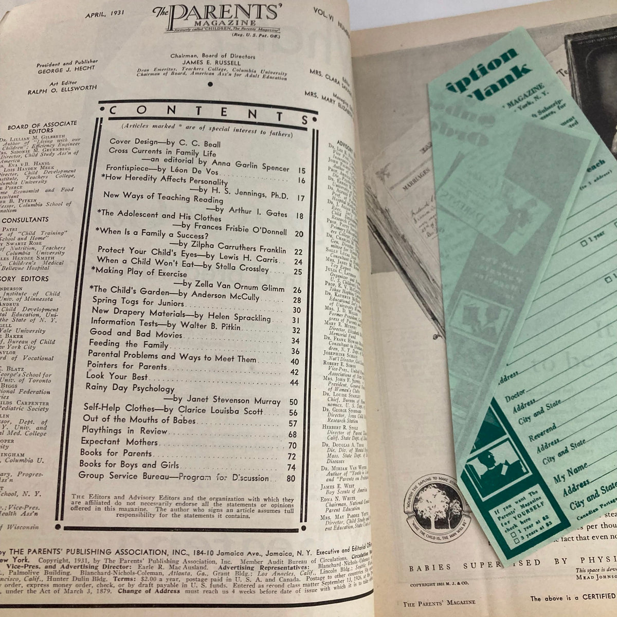 Contents page of VTG The Parents' Magazine, April 1931, listing articles including Rainy Day Psychology.