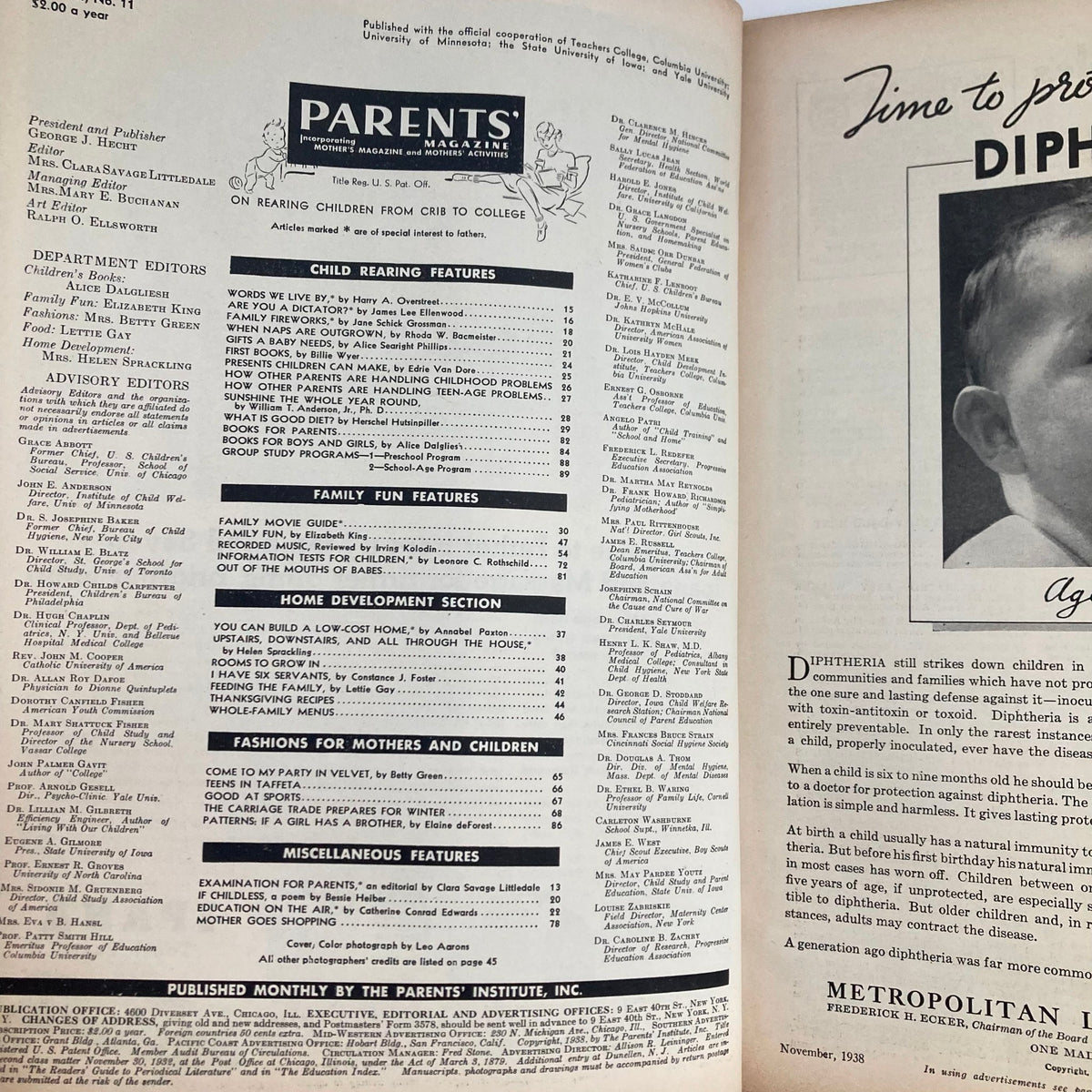 Interior page of VTG Parents' Magazine November 1938, showcasing contents including articles on child-rearing, family fun, and home development.