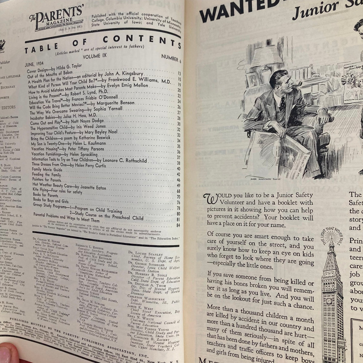 Interior page of VTG The Parents' Magazine June 1934 displaying the Table of Contents listing articles on parenting topics.