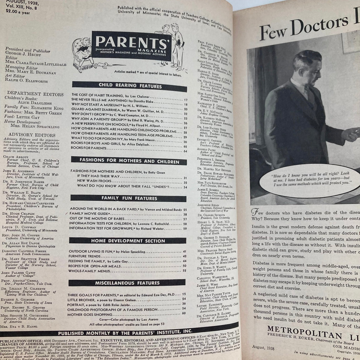 VTG The Parents' Magazine August 1938 Vol 13 No 8 interior page showing the table of contents, detailing articles on child-rearing and family activities.