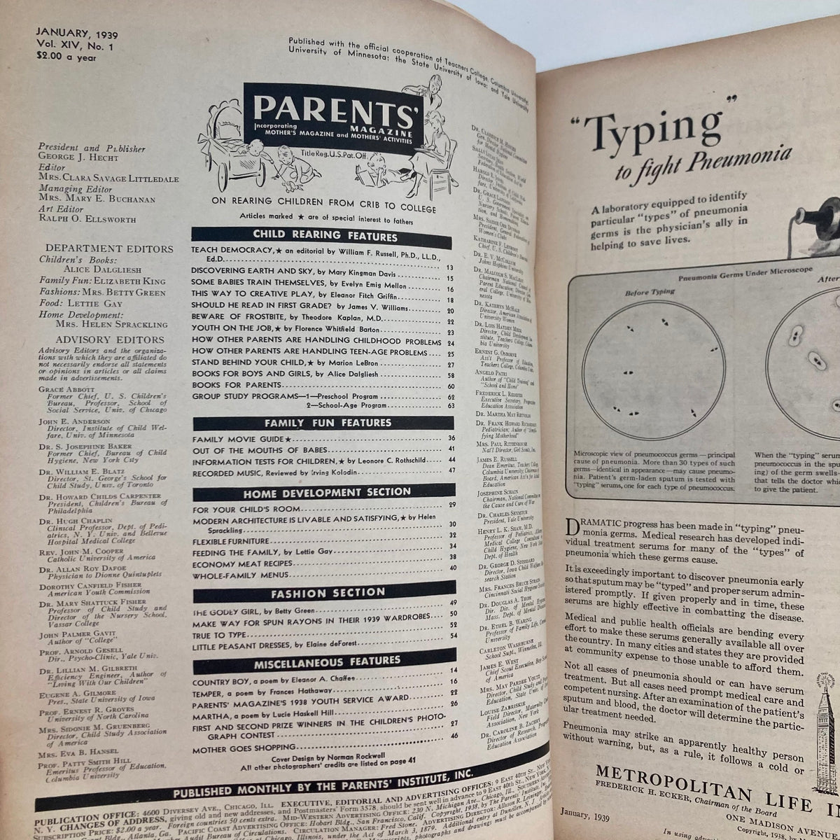 Inside view of VTG Parents' Magazine January 1939 Vol 14 No. 1 titled 'This Way To Creative Play', featuring the table of contents and articles related to childhood development, play activities, and parenting techniques.
