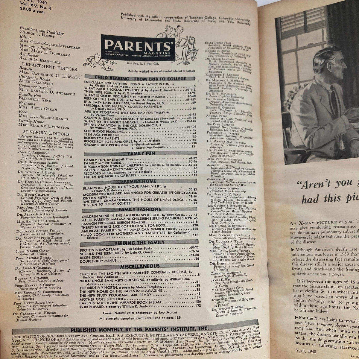 Interior page of VTG Parents' Magazine April 1940 featuring the table of contents and articles related to parenting and family activities, showcasing vintage design and content.
