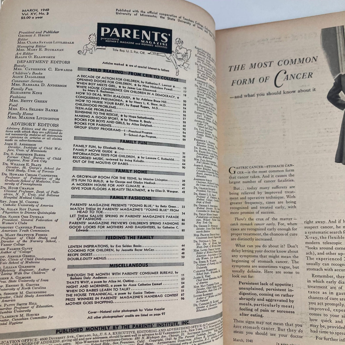 Interior page of VTG Parents' Magazine March 1940 Vol 15 No. 3 How To Nurse Your Baby displaying the table of contents and articles related to parenting and child care.