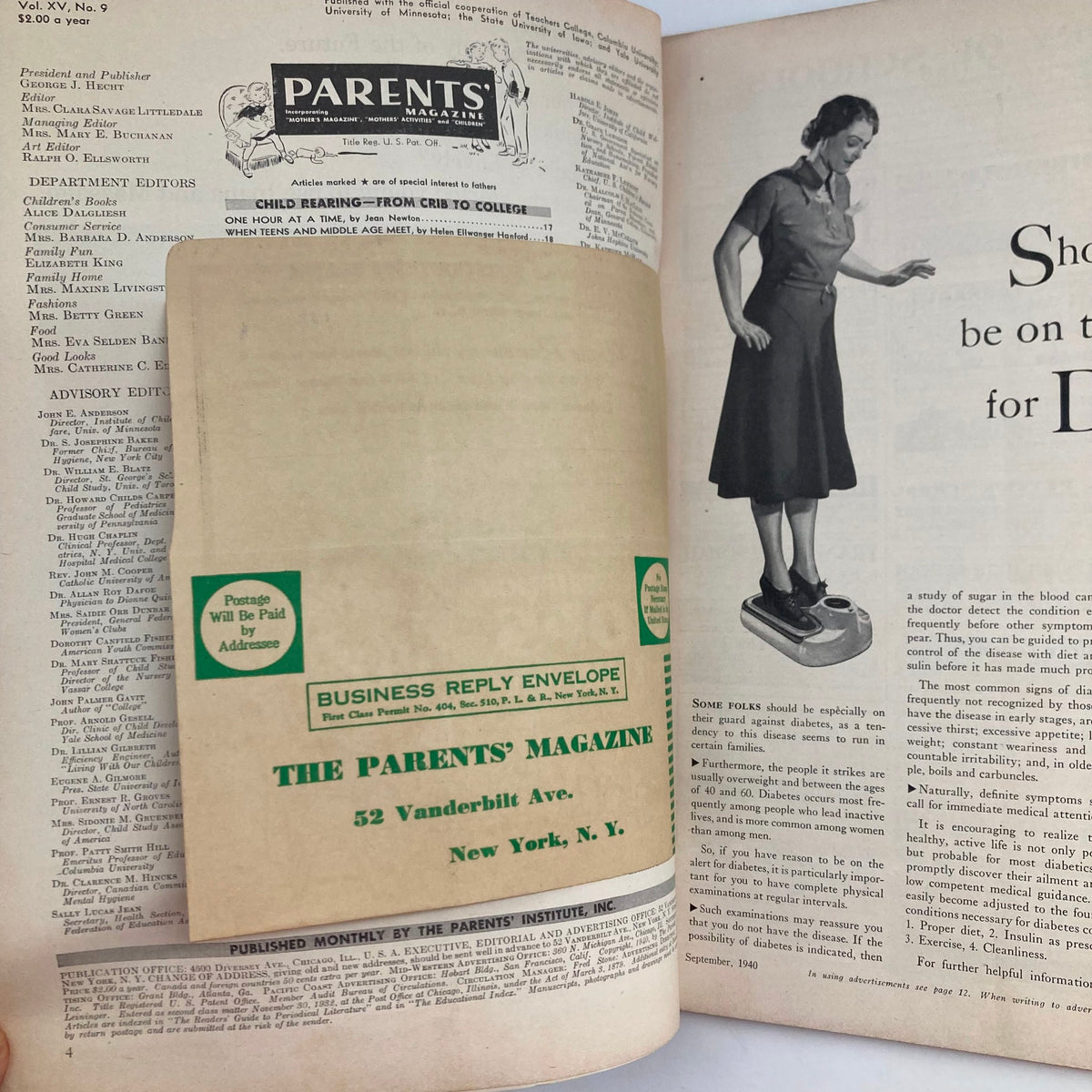 Interior page of VTG Parents' Magazine September 1940 showing a business reply envelope and an article layout. The magazine provides historical context on parenting from 1940.