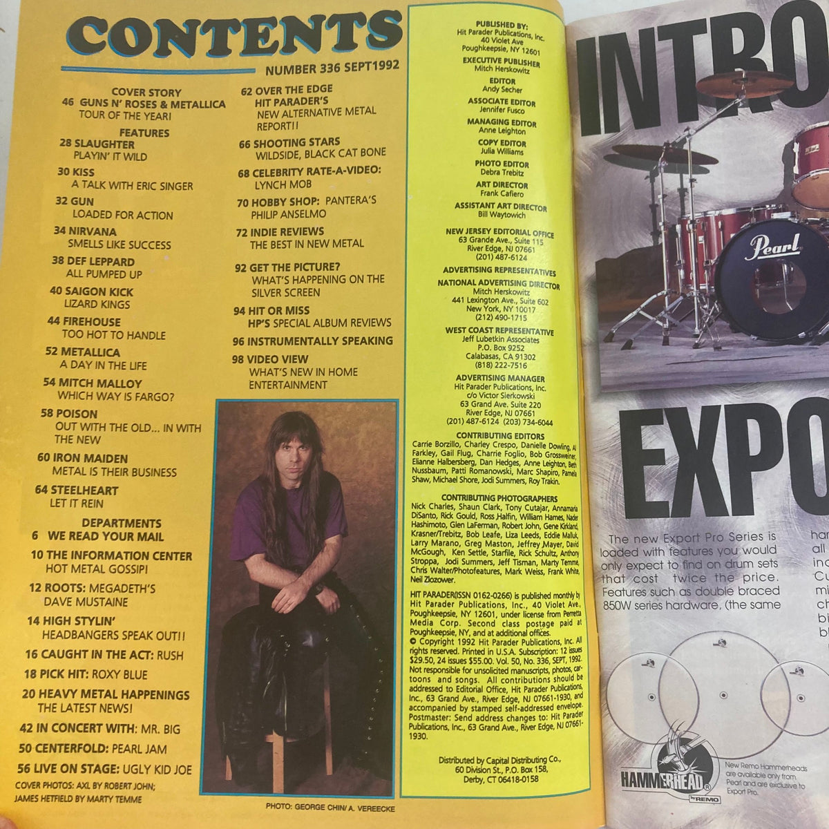 Contents page of Hit Parader Magazine September 1992 featuring articles on Guns N' Roses and Metallica, showcasing musicians with a focus on important music scenes.