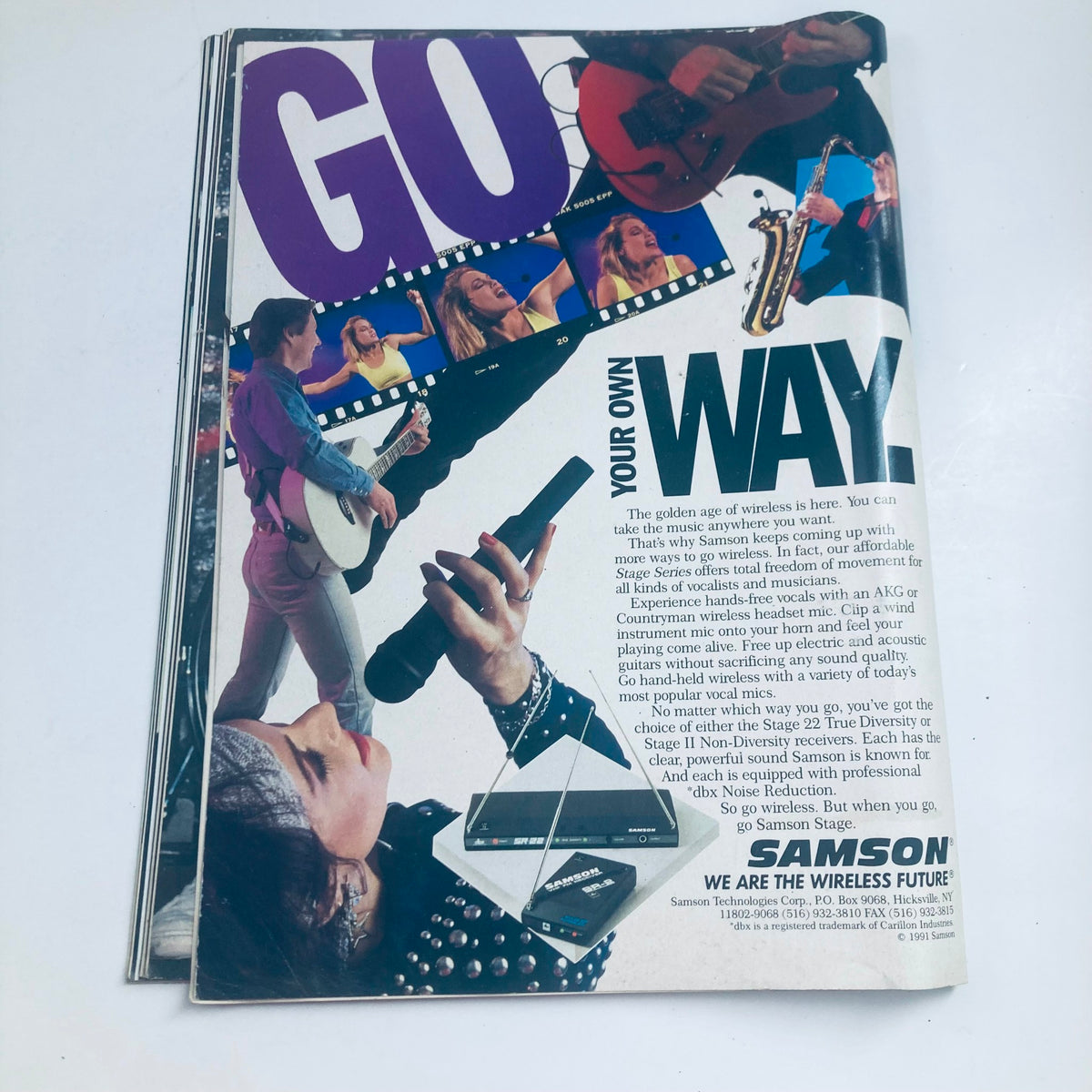 Magazine advertisement from Circus Magazine October 31, 1991 promoting Samson wireless equipment, featuring musicians performing and showcasing the freedom of wireless technology.