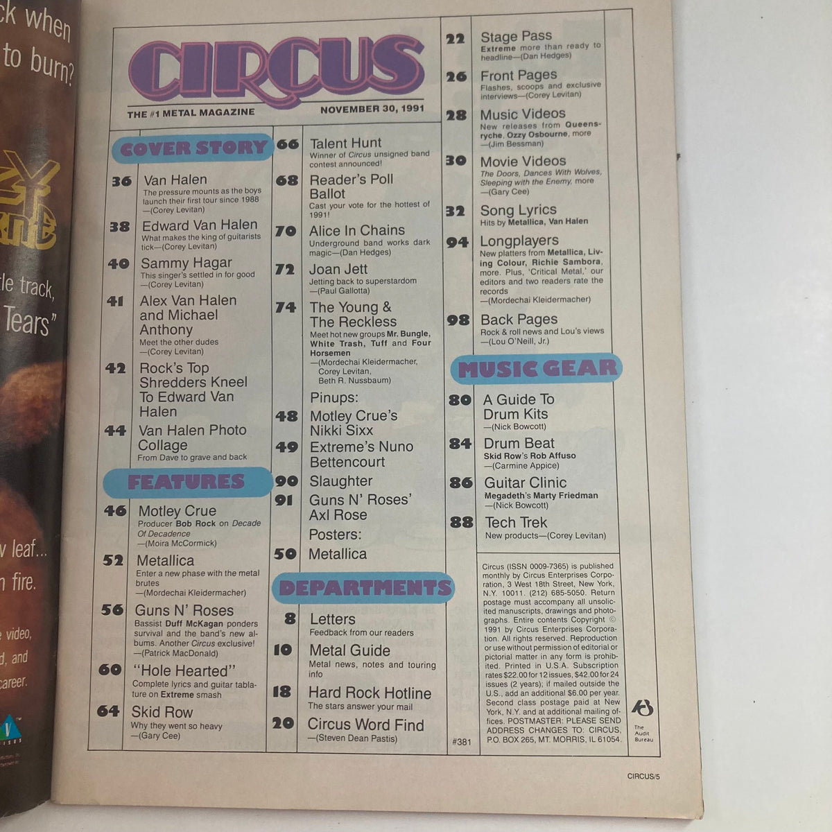 Circus Magazine November 30 1991 Edward Van Halen & Sammy Hagar No Label