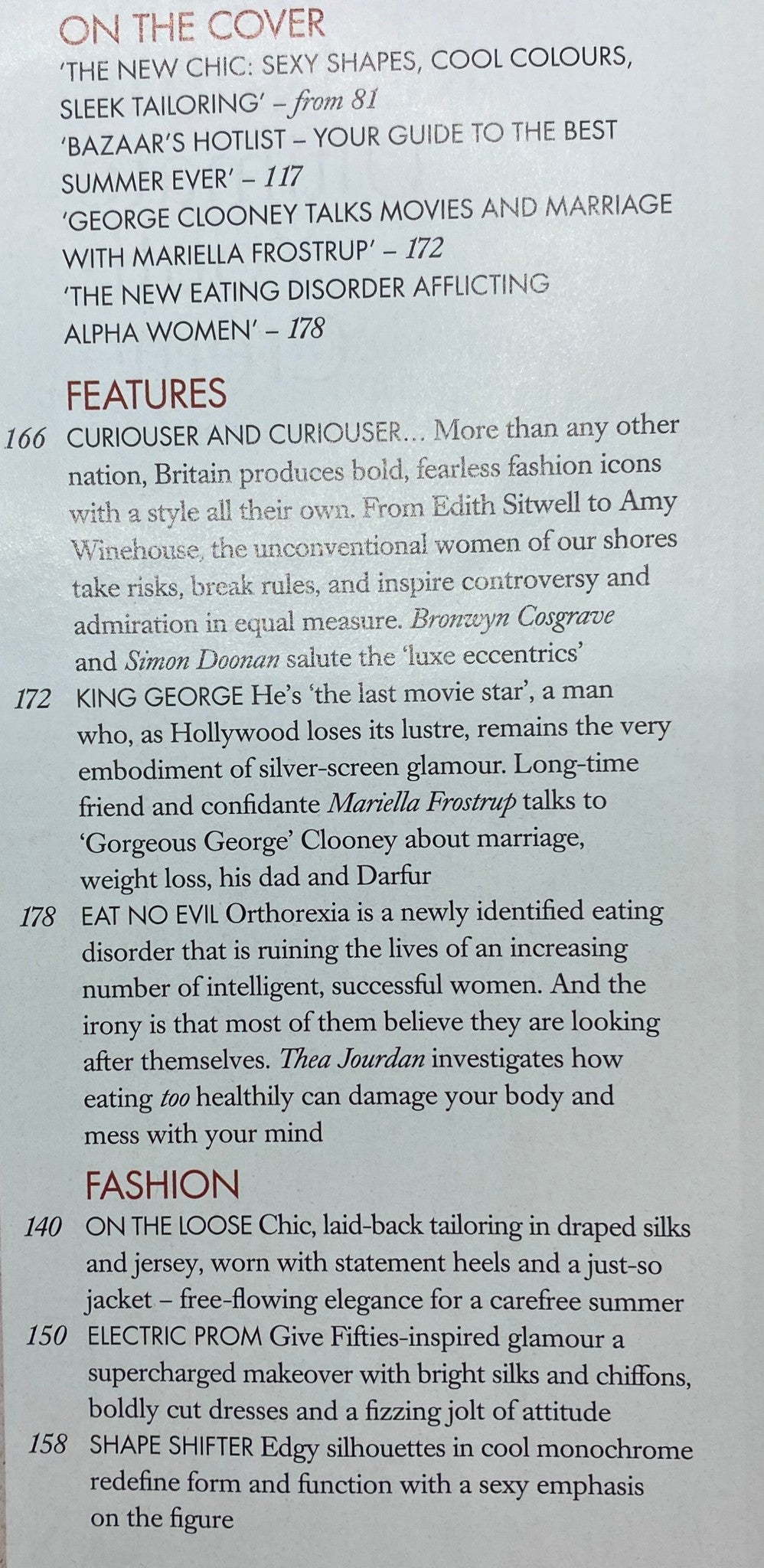 Interior page from Harper's Bazaar UK Magazine May 2008 showcasing features including 'Curiouser and Curiouser...' and a section on styling, reflecting the magazine's focus on modern fashion and culture.