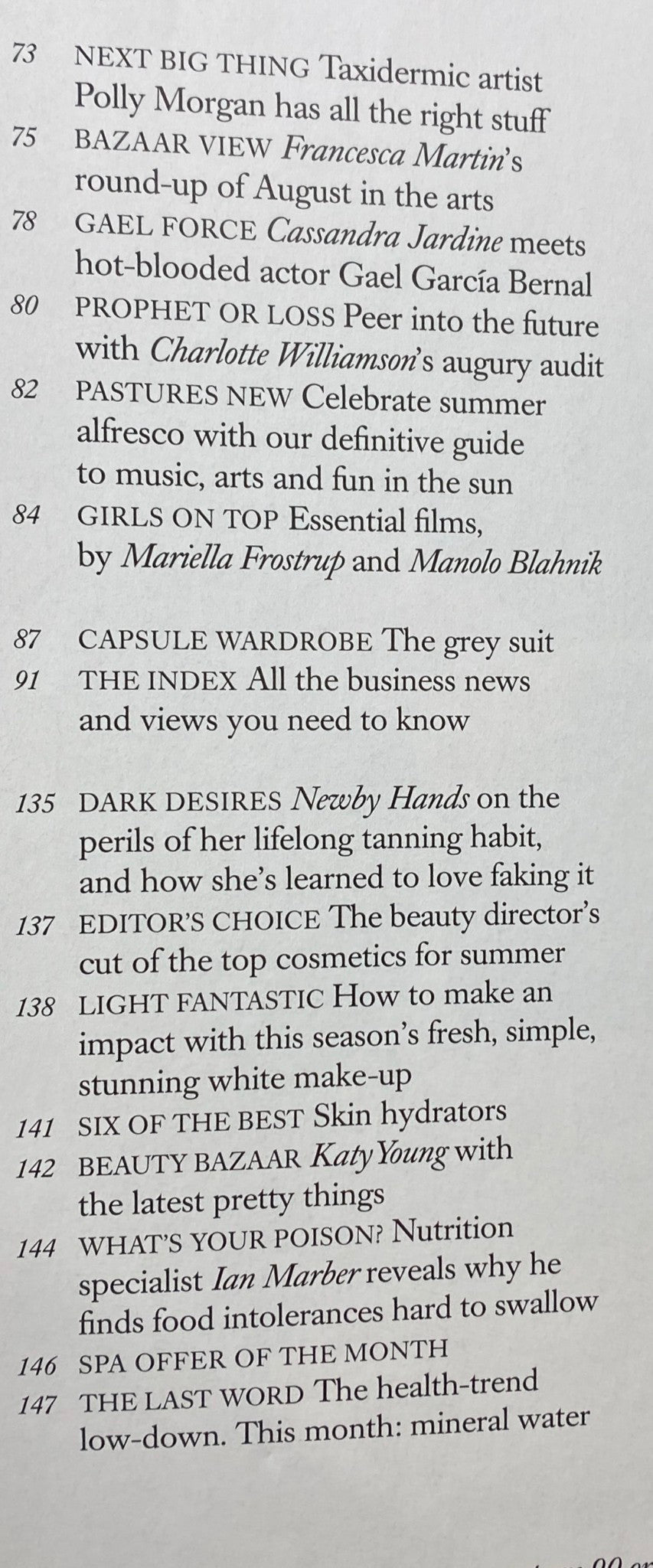 Table of contents from Harper's Bazaar British Edition Magazine August 2006 listing features including art insights and fashion articles.