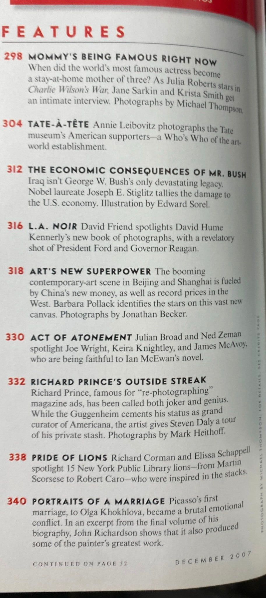 Feature pages from Vanity Fair Magazine December 2007, including articles like 'Mommy’s Being Famous Right Now' and 'L.A. Noir', presenting a glimpse into the magazine's content.