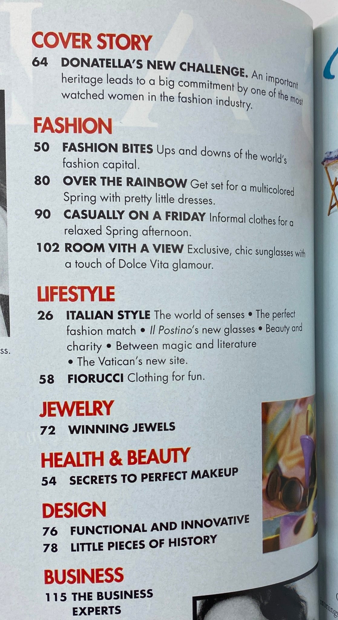 Inside page of Italia Magazine 1998 showcasing the Table of Contents with featured stories including 'Donatella’s New Challenge' and fashion highlights.