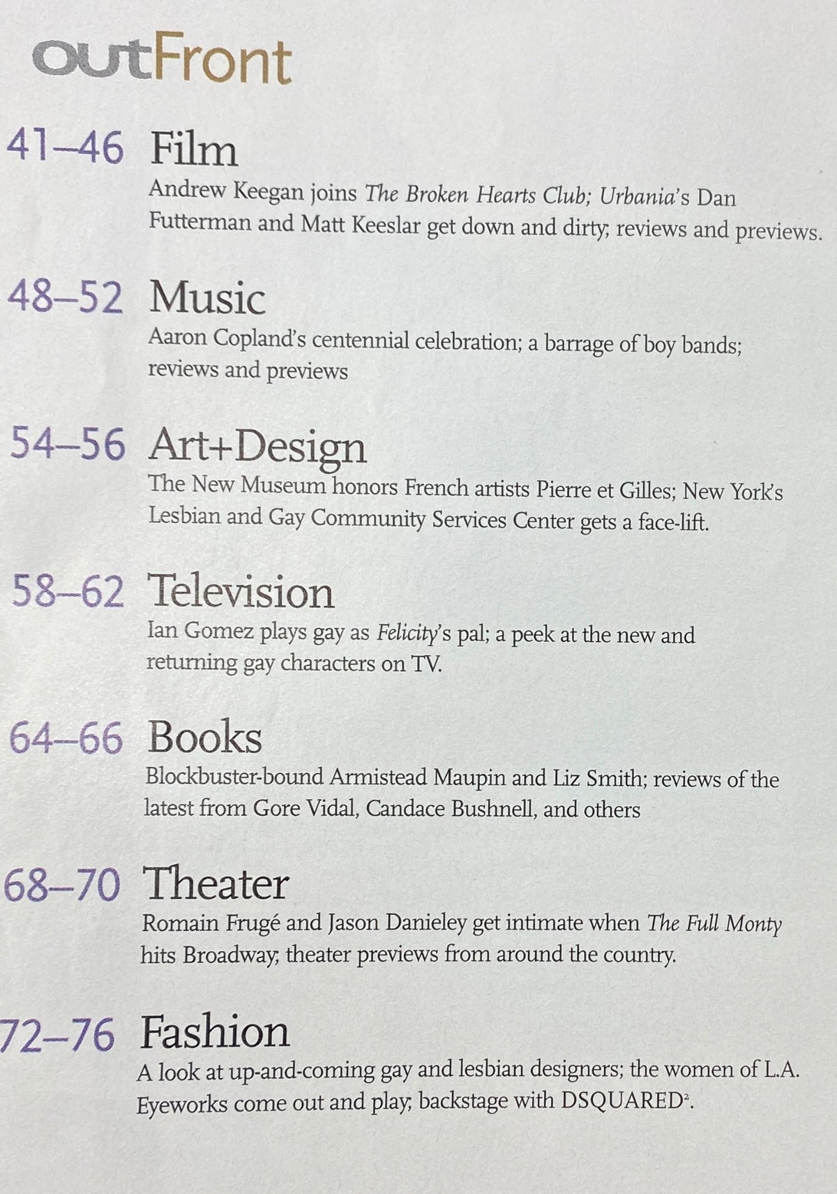 Contents page from Out Magazine September 2000, detailing sections on film, music, and fashion trends, showcasing cultural topics from the era.