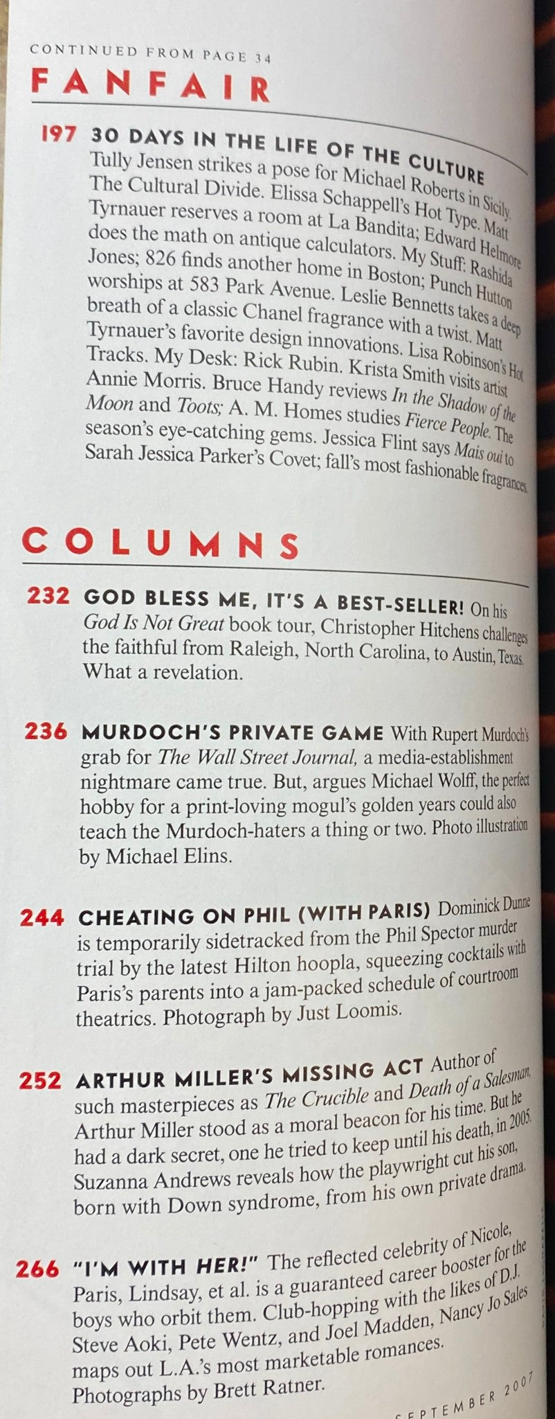Inside page of Vanity Fair Magazine September 2007, continuing the features with a focus on cultural commentary and notable columns.