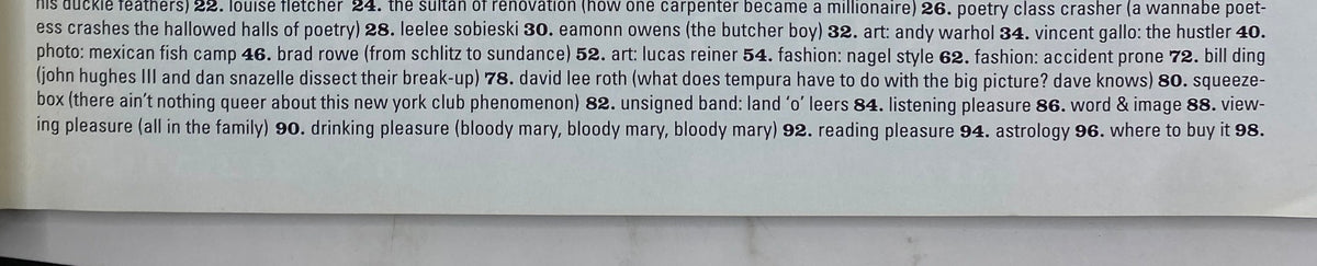 Table of contents from Bleach Magazine June 1998, highlighting articles and features on notable figures like Louise Fletcher and Vincent Gallo.