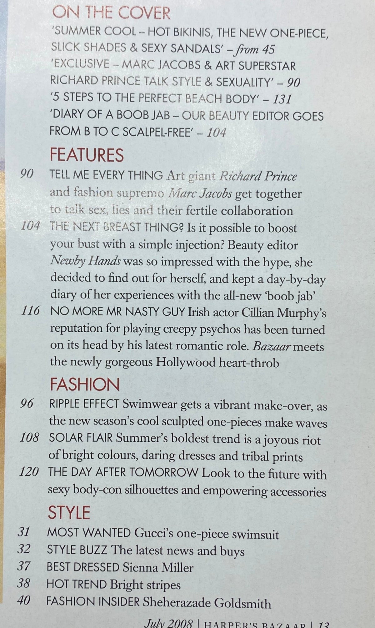 Interior page of Harper's Bazaar UK Magazine July 2008 showcasing articles on summer fashion, including a feature on Richard Prince and a beach body preparation guide.