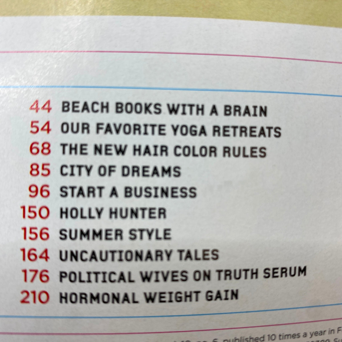 Interior page featuring article titles from More Magazine July - August 2007 including '44 Beach Books With a Brain' and '150 Holly Hunter Interview'.