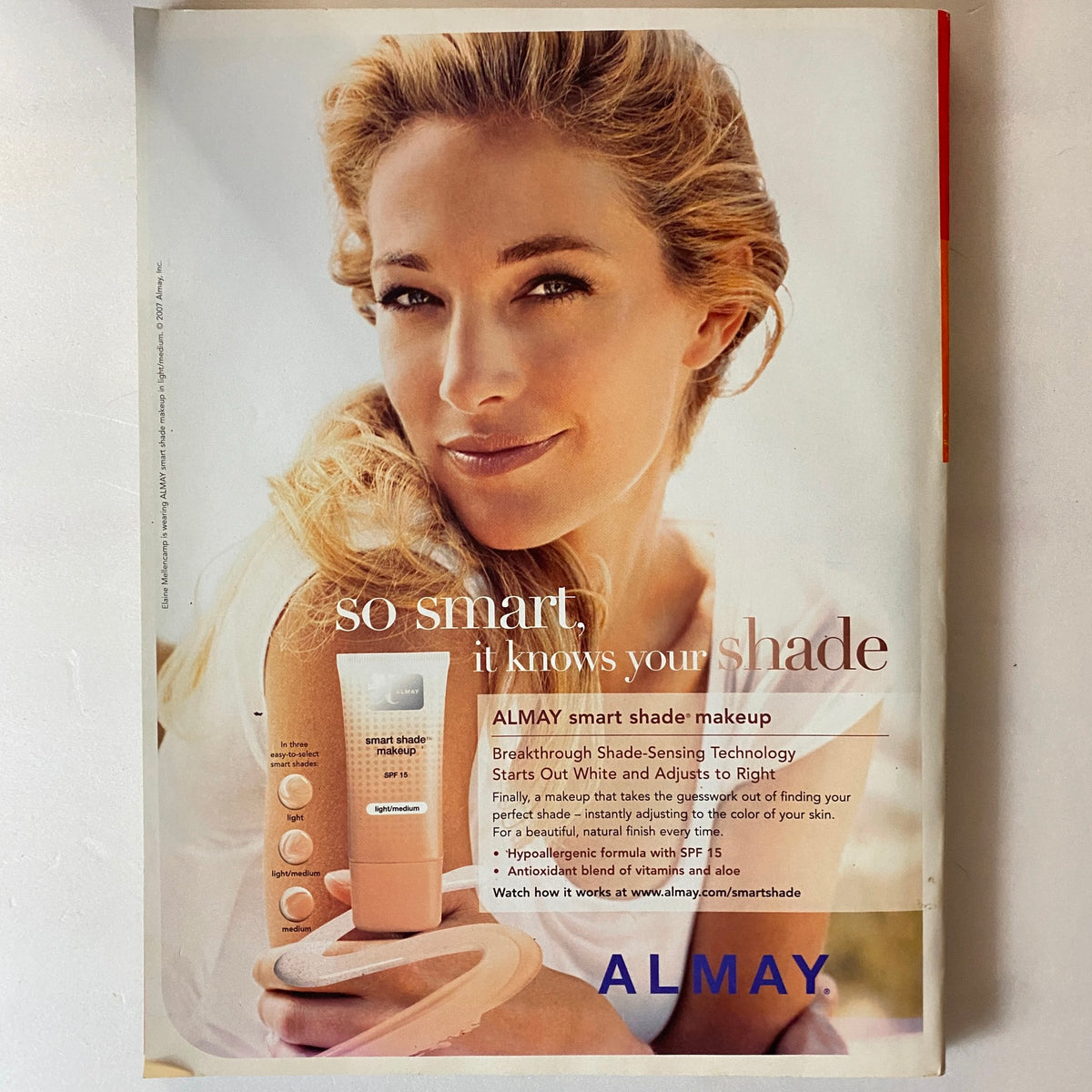 Advertisement in More Magazine July - August 2007 for ALMAY smart shade makeup, showcasing a woman with blonde hair.