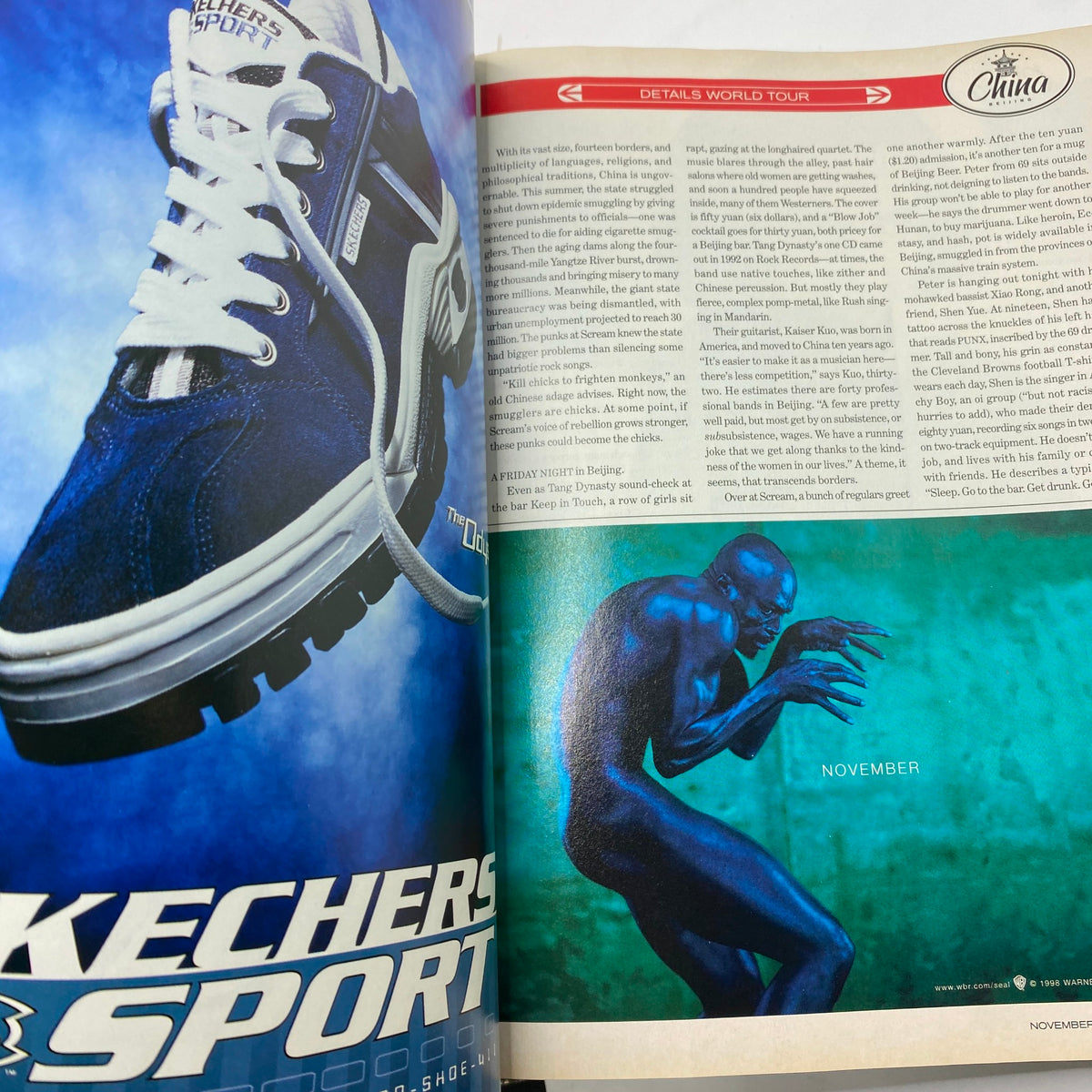 Inside details from Details Magazine November 1998, featuring a Skechers sports shoe advertisement alongside an artistic depiction of a blue figure, highlighting fashion and culture from the late 90s.