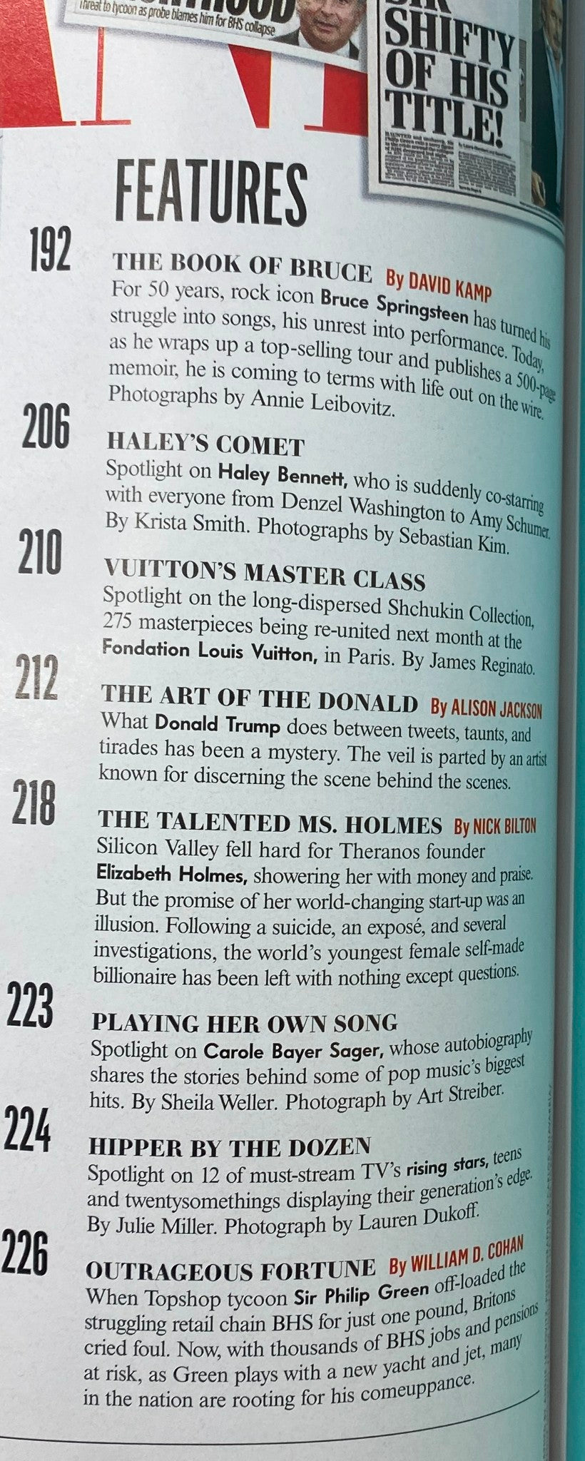 Pages from Vanity Fair October 2016 issue detailing features such as 'The Book of Bruce' discussing Bruce Springsteen's journey and artistic contributions, illustrated with striking photography.