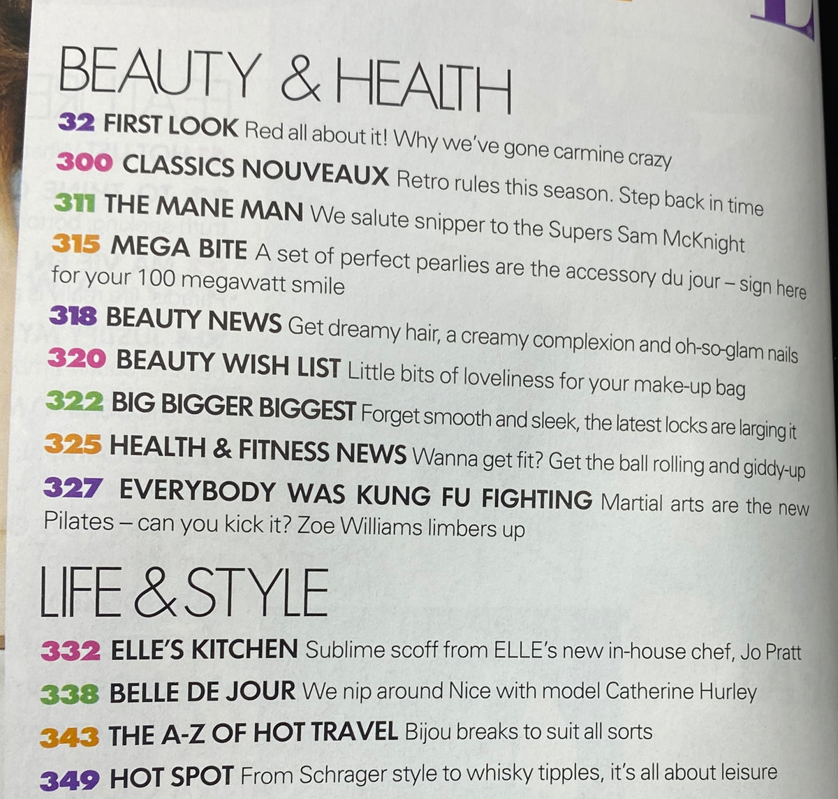 Inside page of Elle UK Magazine April 2003 featuring articles on Beauty & Health and Life & Style, showcasing highlights such as 'First Look' and 'Everybody Was Kung Fu Fighting'.