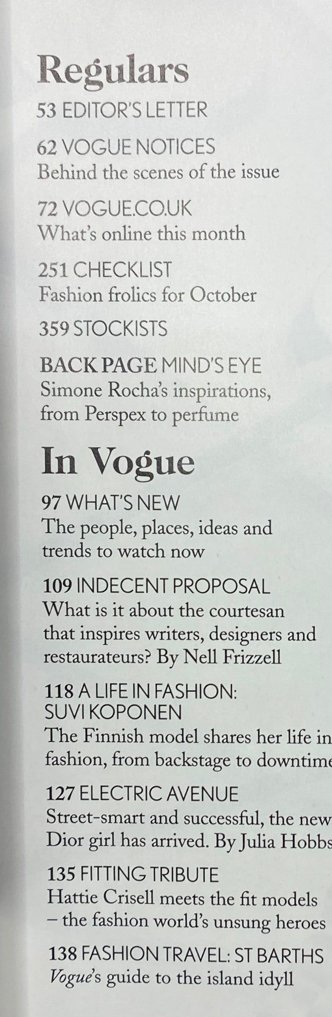 Inside pages of Vogue UK Magazine October 2015, outlining regular features and articles, including Editor's Letter and In Vogue highlights.