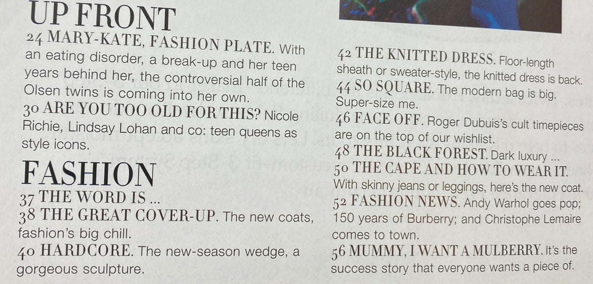 Interior page of Harper's Bazaar Australia Magazine August 2006, emphasizing fashion articles including a section on the knitted dress.