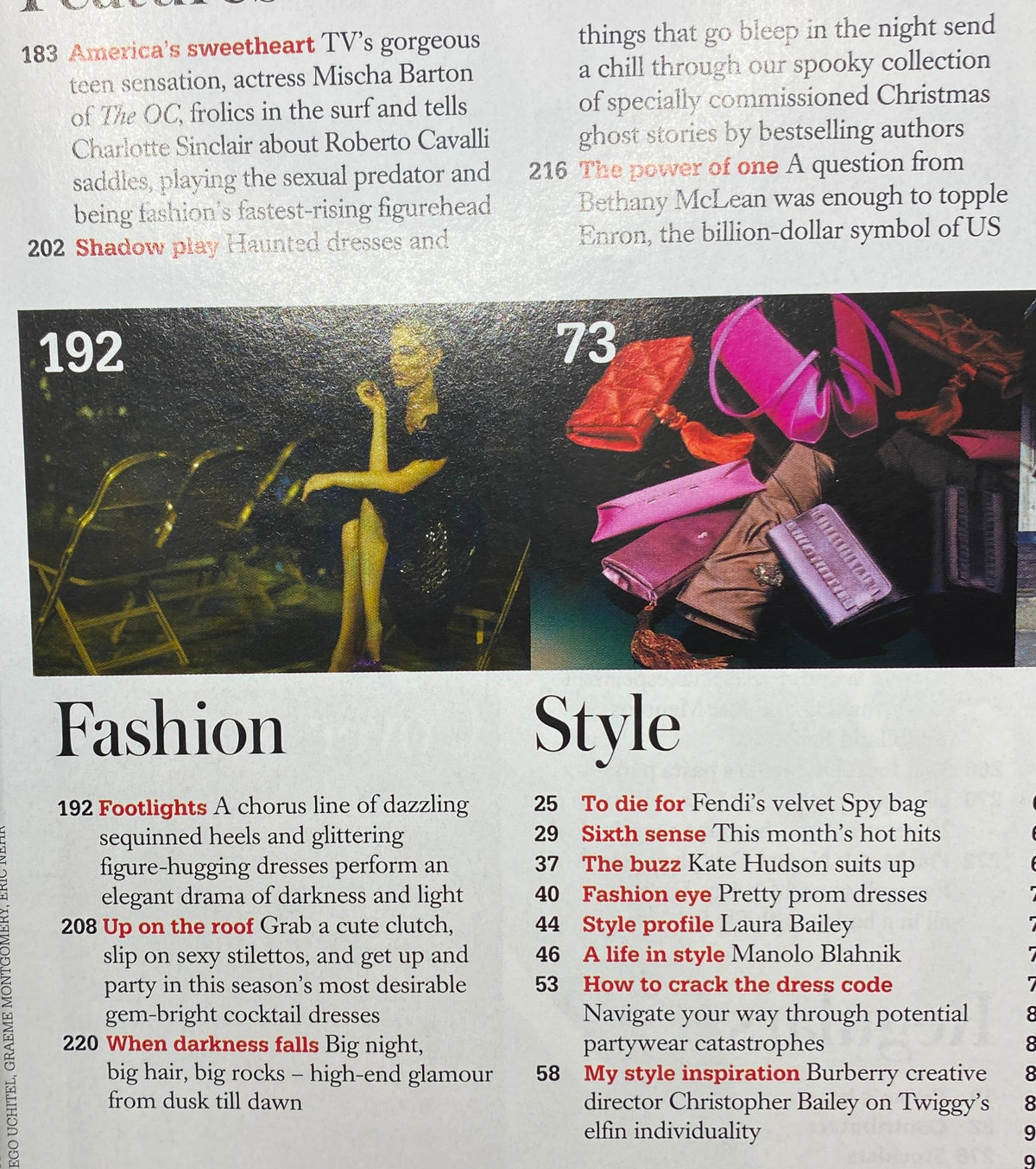 Interior page of Harpers & Queen UK Magazine December 2005 highlighting fashion features, including sequined heels and glamorous dresses.