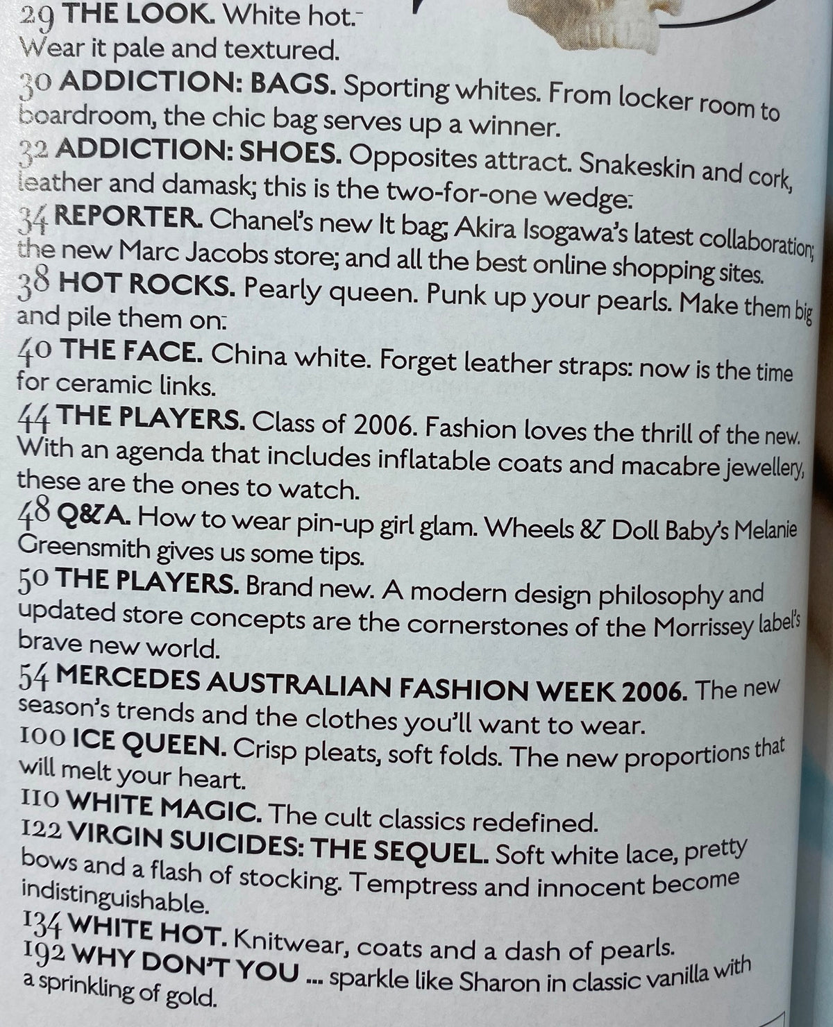 Inside page of Harper's Bazaar Australia June 2006, listing contents including fashion articles, trends, and interviews, capturing the essence of luxury fashion.