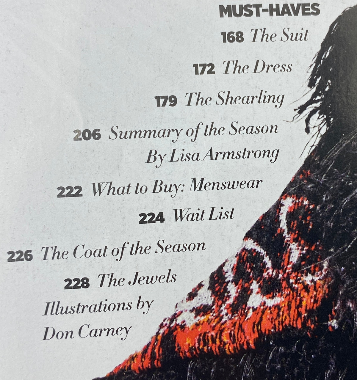 Table of contents from Harper's Bazaar September 2018 detailing must-have fashion items and articles, including The Suit and The Dress.