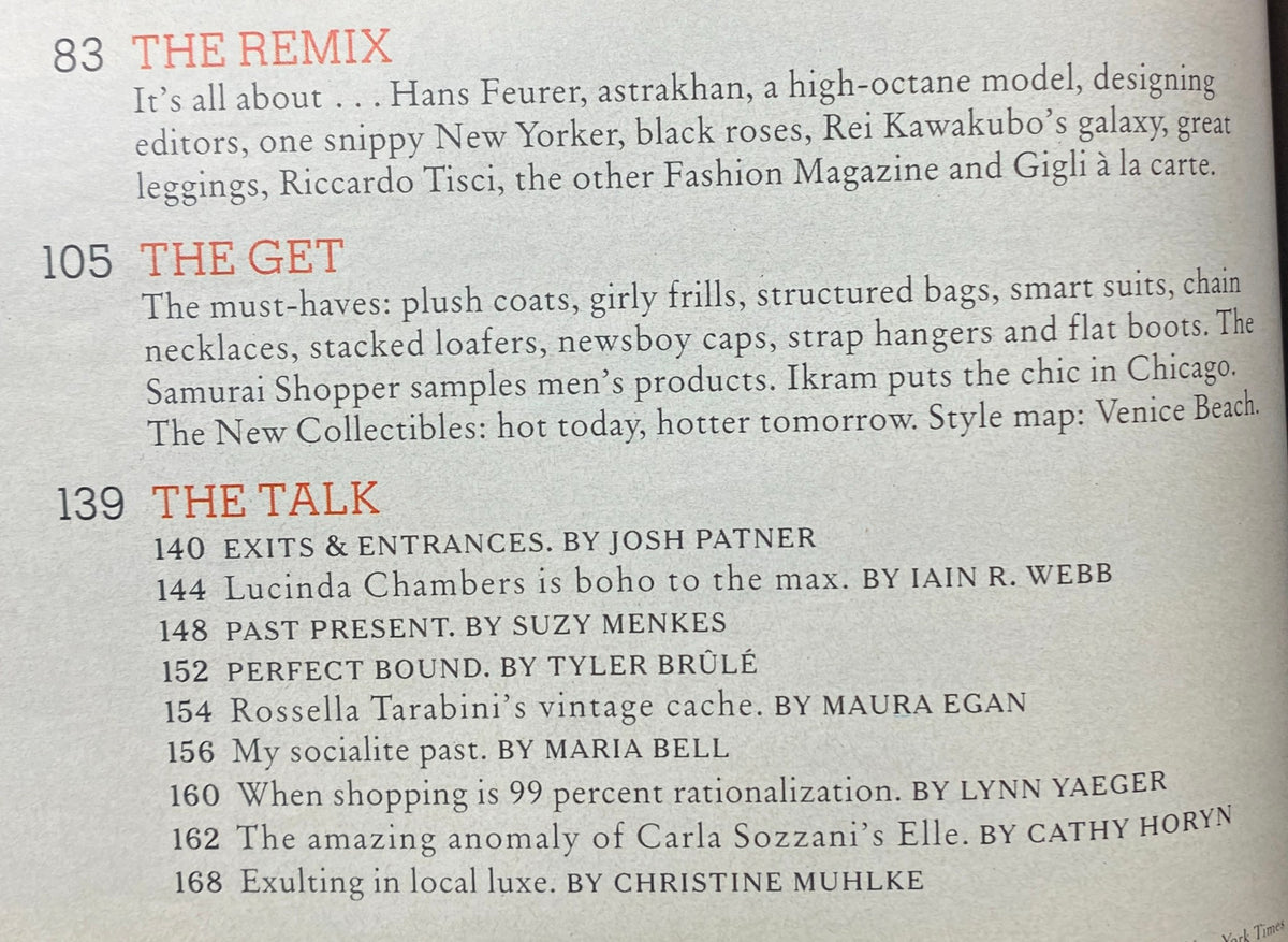Content page from The New York Times Style Magazine 2005, displaying sections titled 'The Remix', 'The Get', and 'The Talk', representing fashion trends and cultural insights.