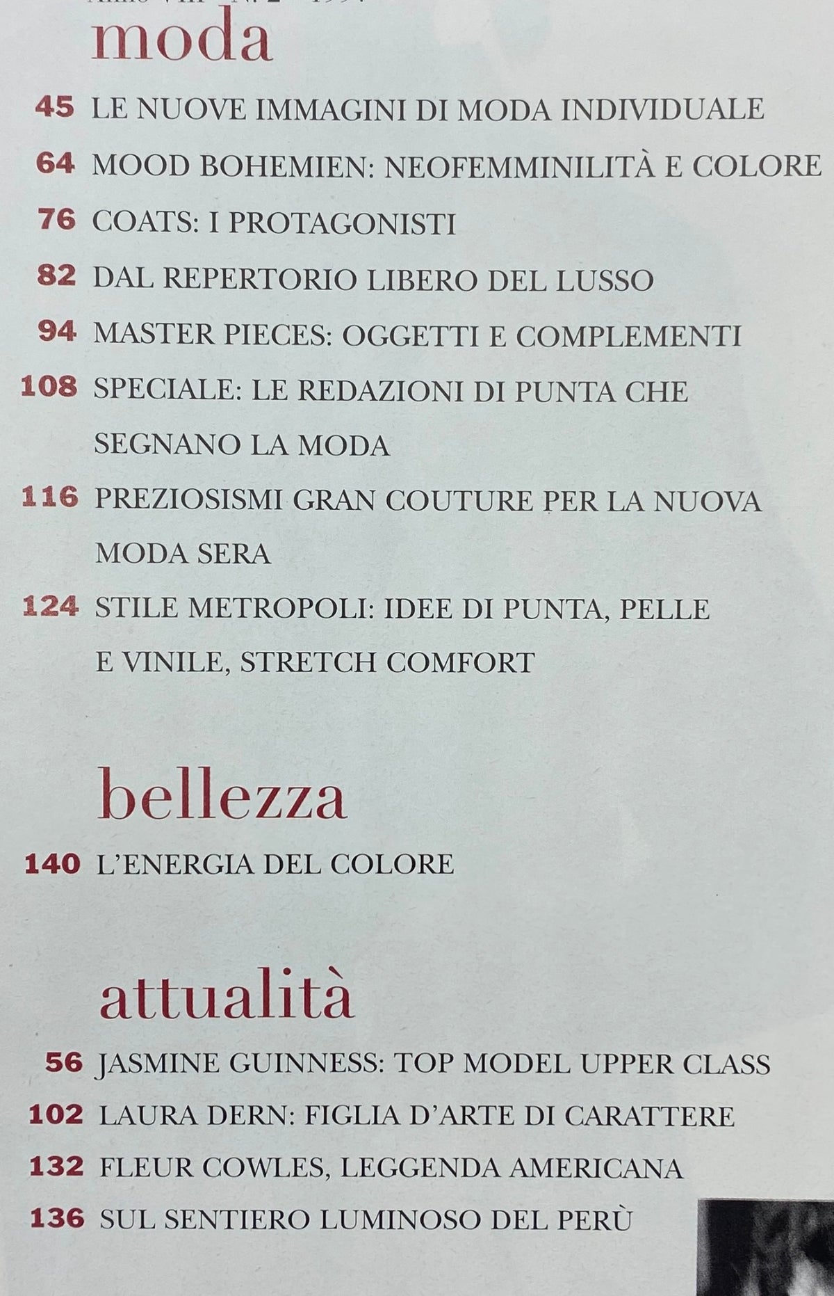 Contents page of Max Mara Magazine 1997 displaying notable fashion features and articles highlighting the edition's focus on style and beauty.