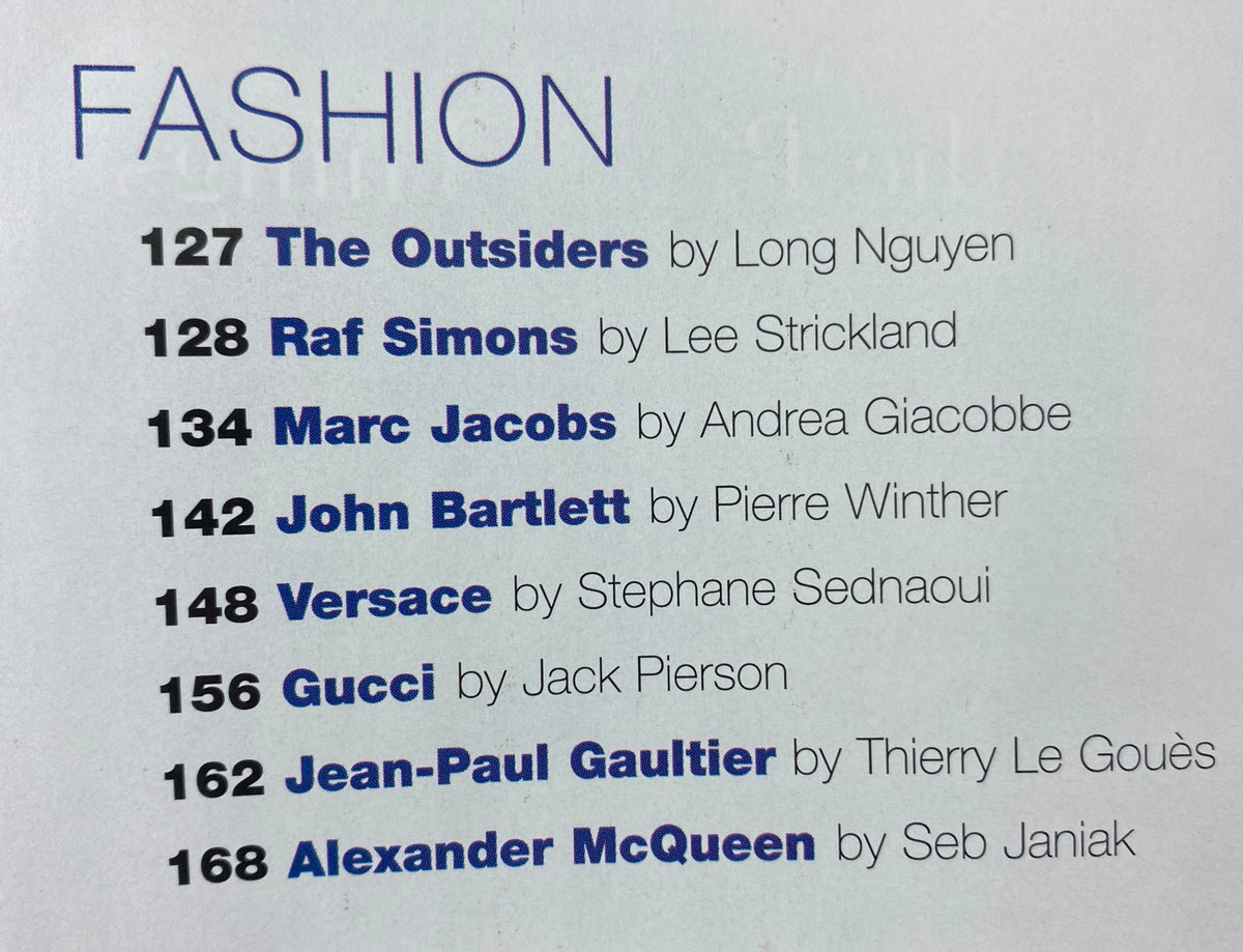 Table of contents from Detour Magazine March 1998, featuring notable fashion designers and articles highlighting the cultural significance of the 90s.