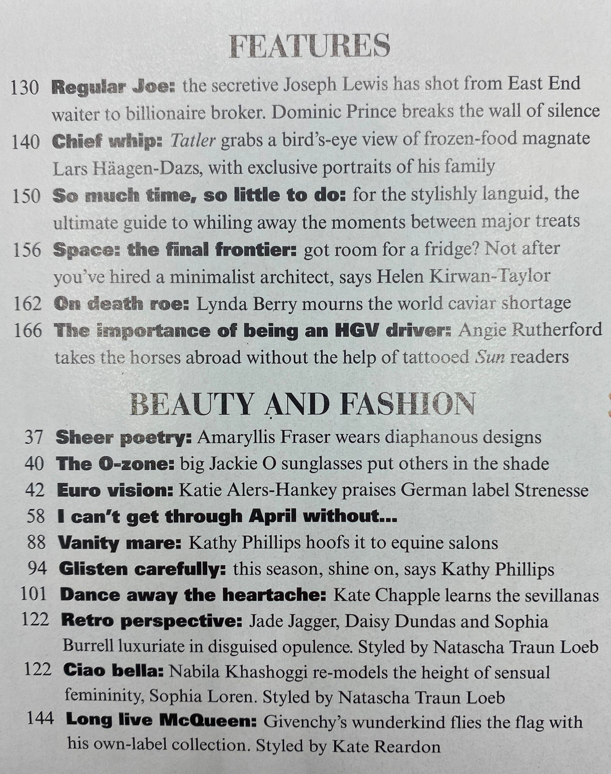 Interior content page from Tatler Magazine highlighting articles on personality Joseph Lewis and fashion features, emphasizing the magazine's vintage style and cultural relevance.