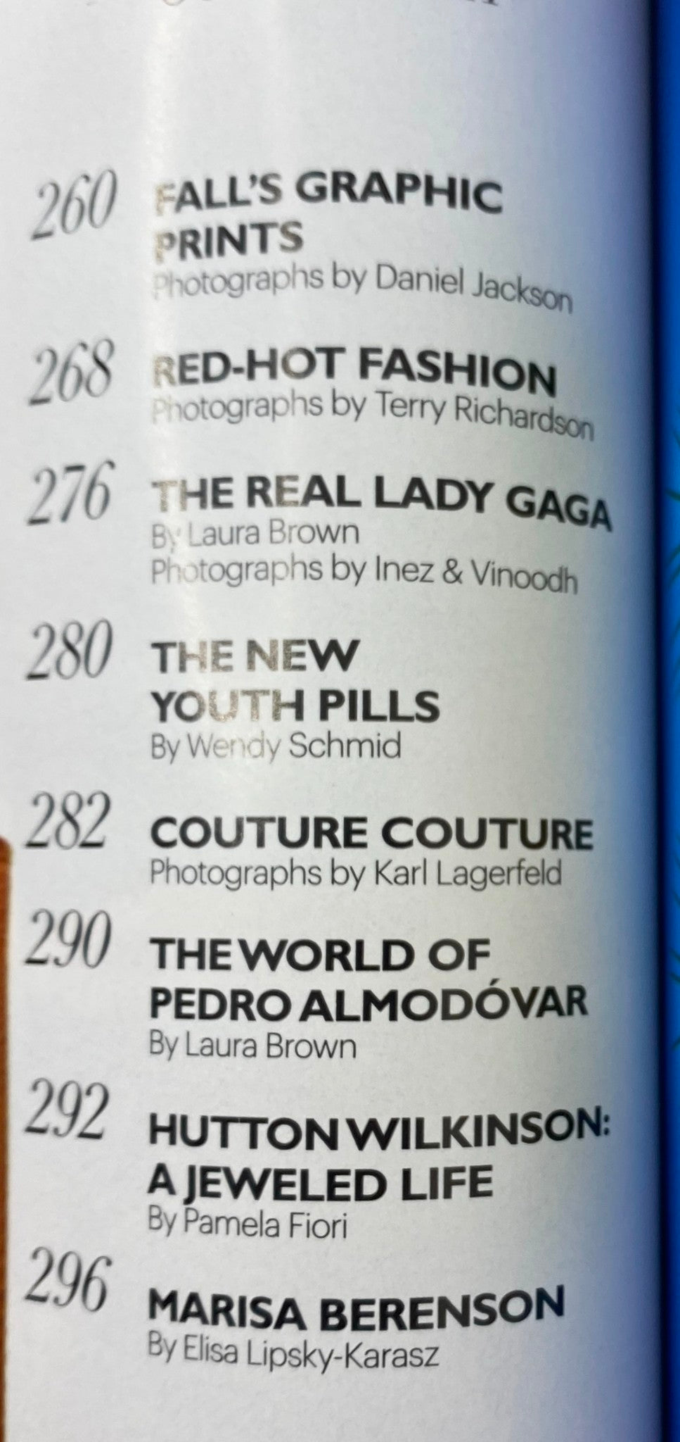 Contents page of Harper's Bazaar October 2011 magazine, highlighting sections including 'Fall's Graphic Prints' and 'The Real Lady Gaga,' emphasizing fashion insights from the era.