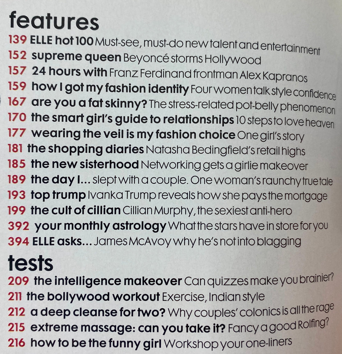 Table of contents from Elle UK Magazine March 2007, highlighting articles including ELLE Hot 100, exclusive interviews, and fashion advice.