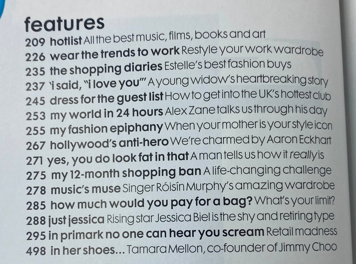 Content page from Elle UK Magazine October 2007 highlighting features including music, film, and fashion articles.