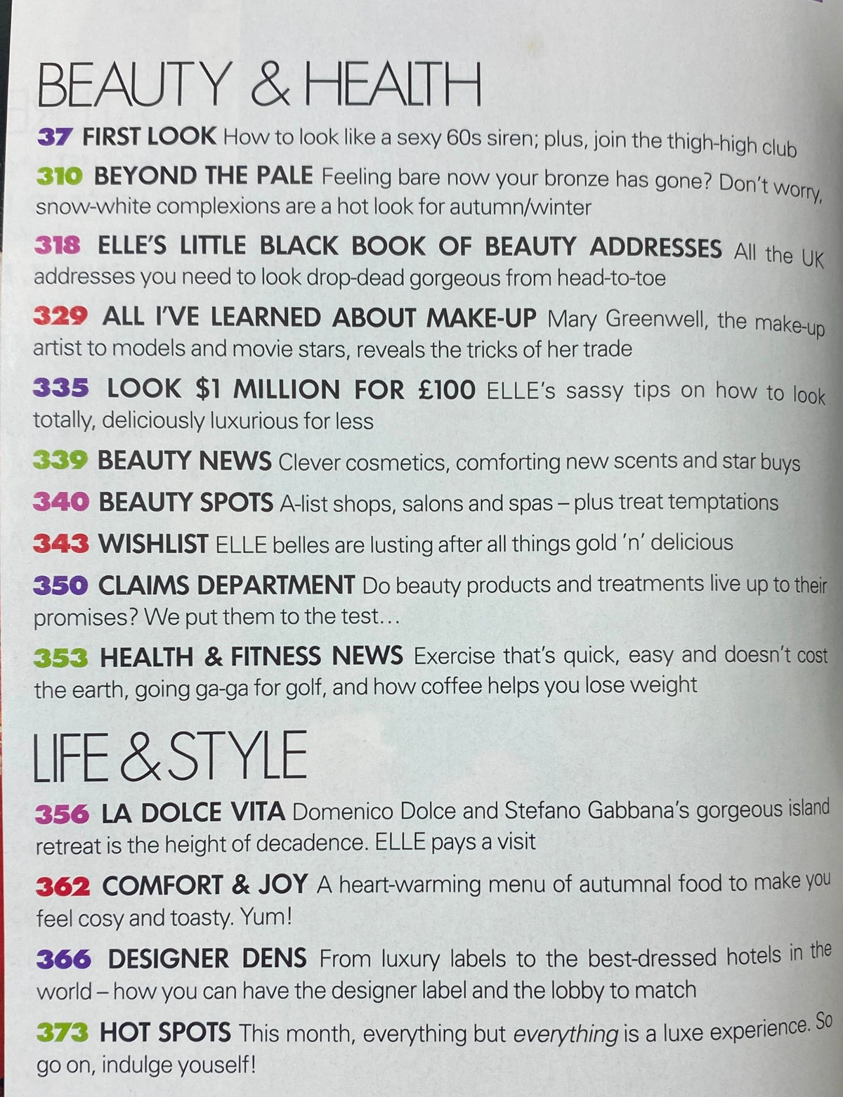Interior page of Elle UK Magazine November 2003, highlighting beauty and health features, including advice from renowned experts.