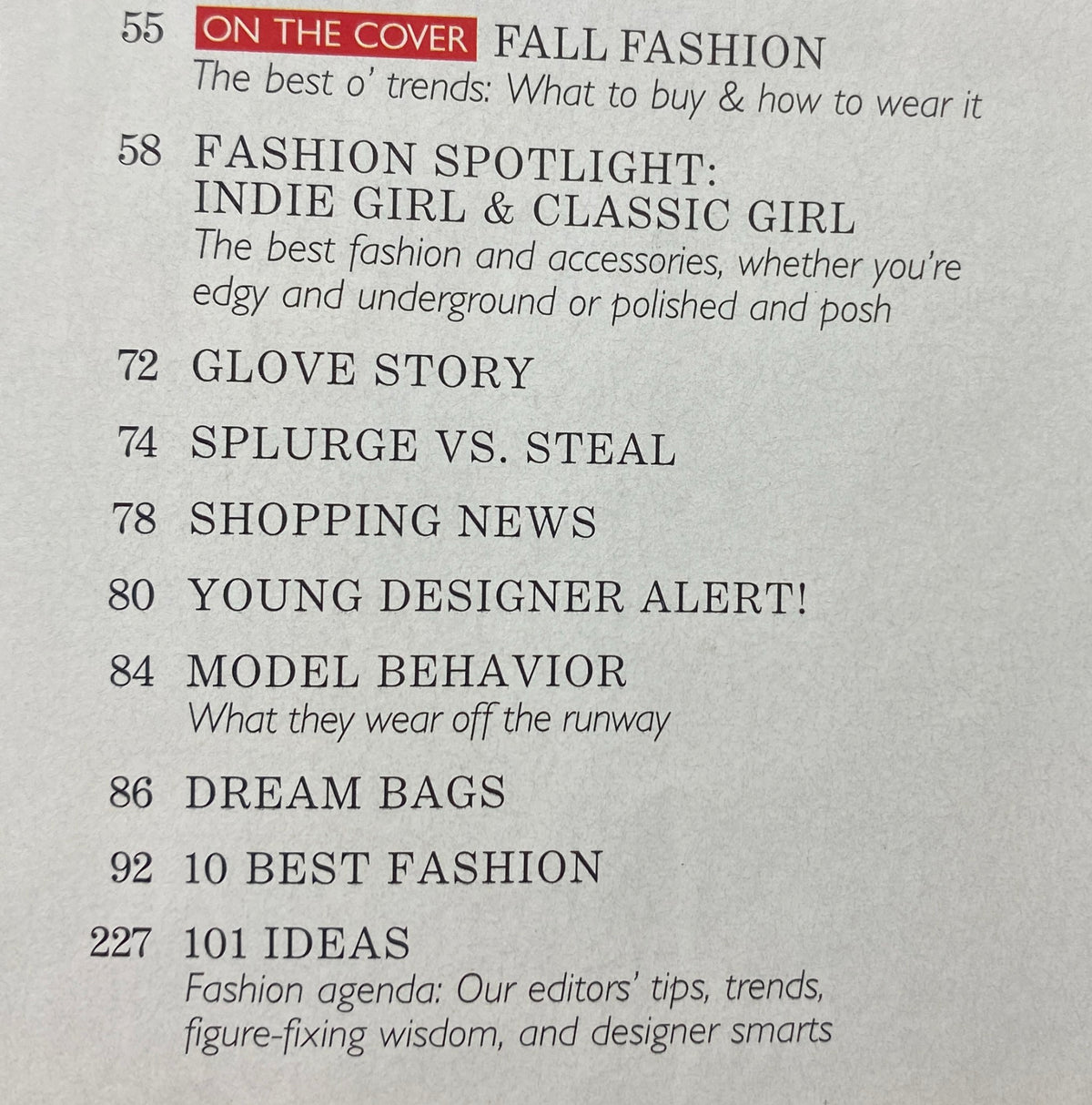 Table of contents from the Marie Claire September 2006 issue, highlighting articles on Fall Fashion, Fashion Spotlight, and various style tips.