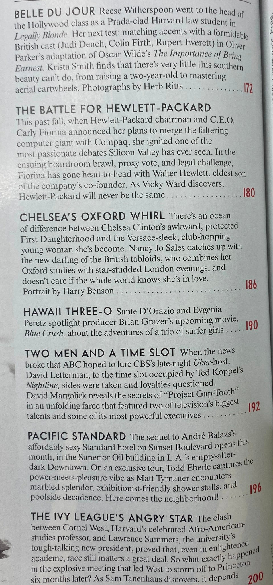 An interior page from Vanity Fair Magazine June 2002 showcasing an article about Reese Witherspoon, discussing her impact on Hollywood and significant cultural events.