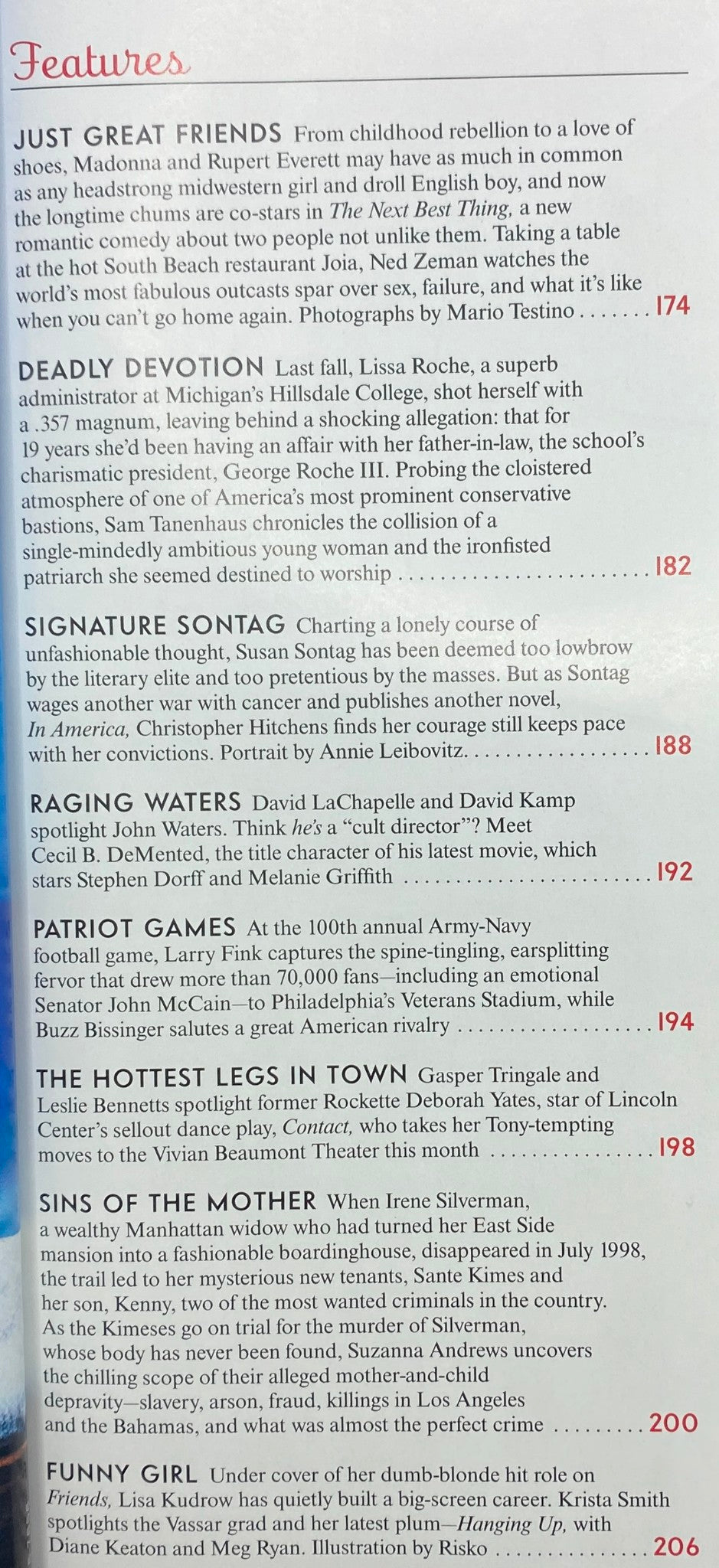 Features section in Vanity Fair Magazine March 2000 showcasing articles including 'Just Great Friends' with Madonna and Rupert Everett, capturing pop culture moments.