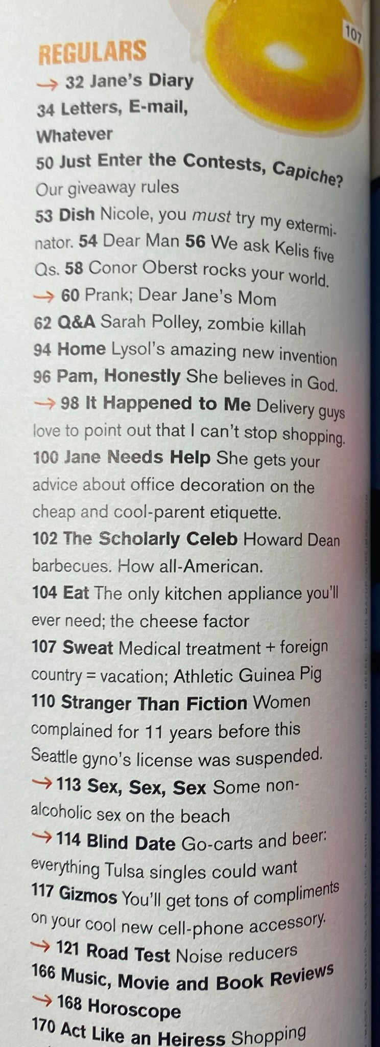 Page from Jane Magazine March 2004 showing regular columns including Jane's Diary and articles on lifestyle, culture, and celebrity insights.