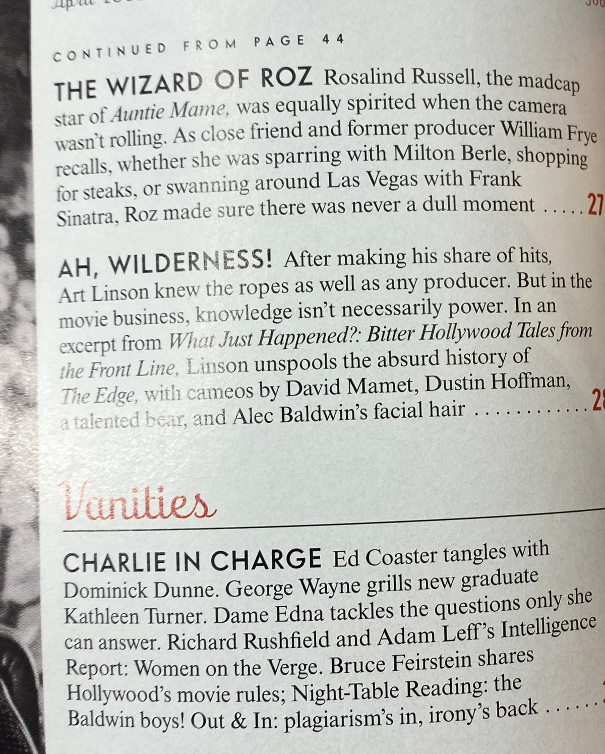 Interior page of Vanity Fair Magazine April 2002 displaying an article continuation titled 'The Wizard of Roz' with images and text discussing Hollywood history and personalities.